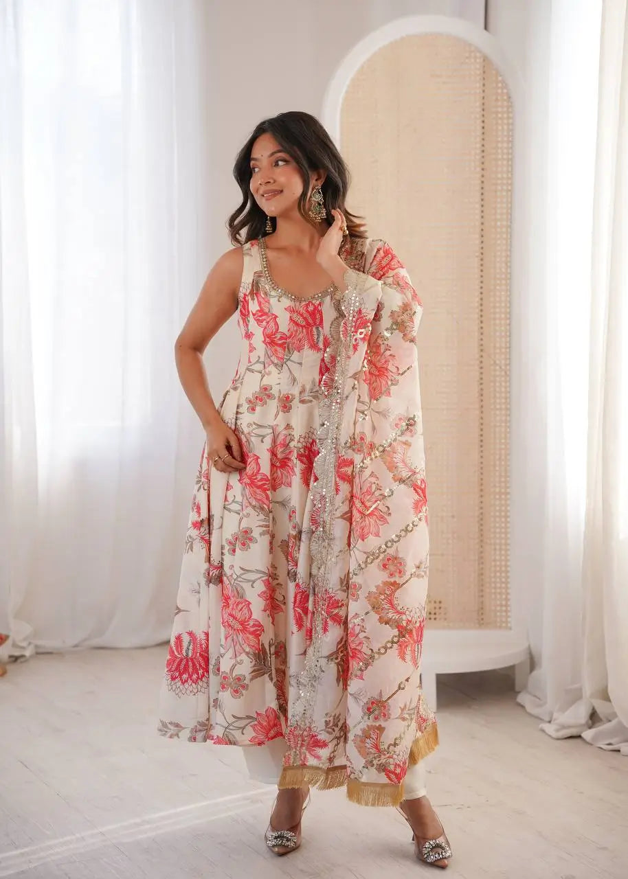 Pure Muslin Floral Print Partywear Gown Set