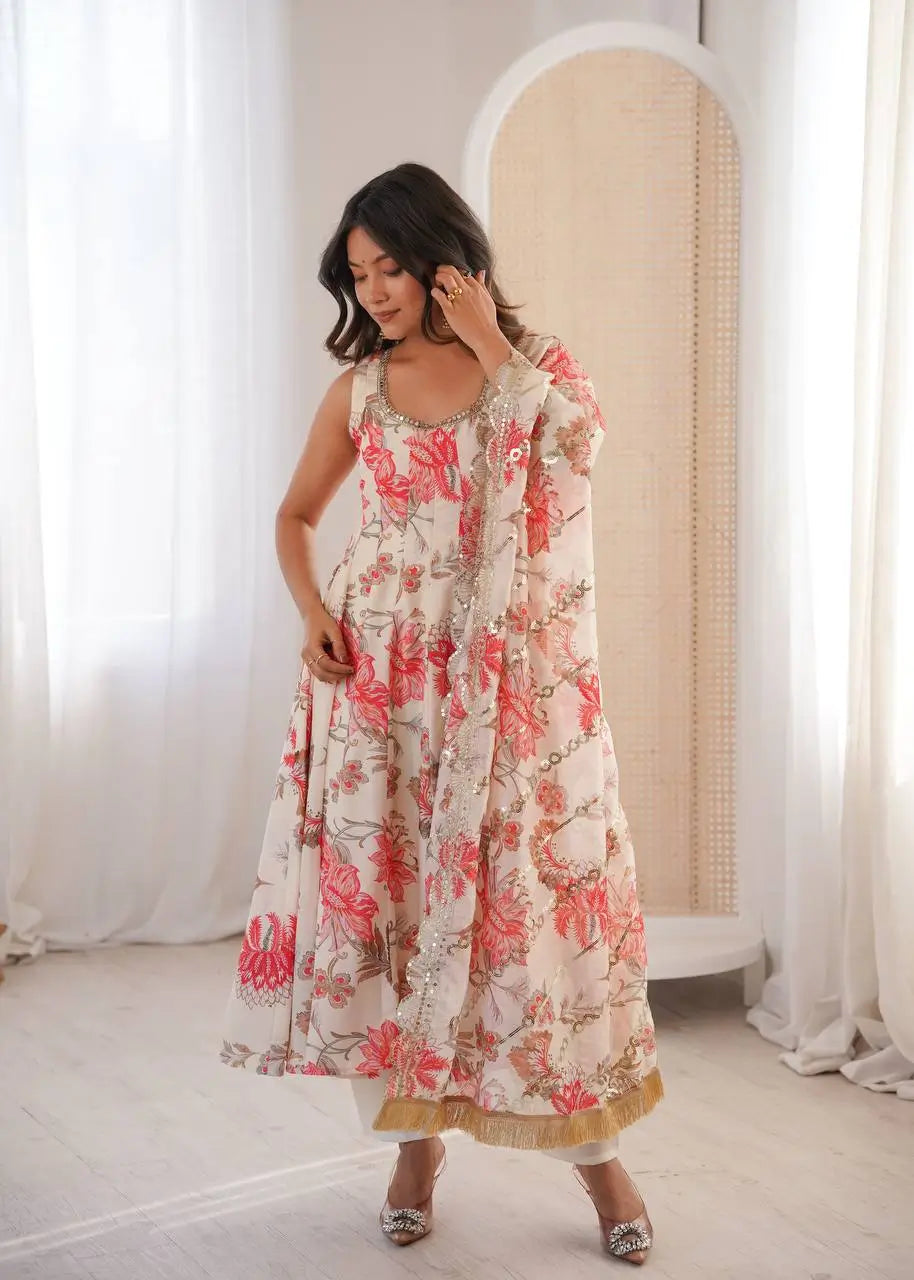 Pure Muslin Floral Print Partywear Gown Set