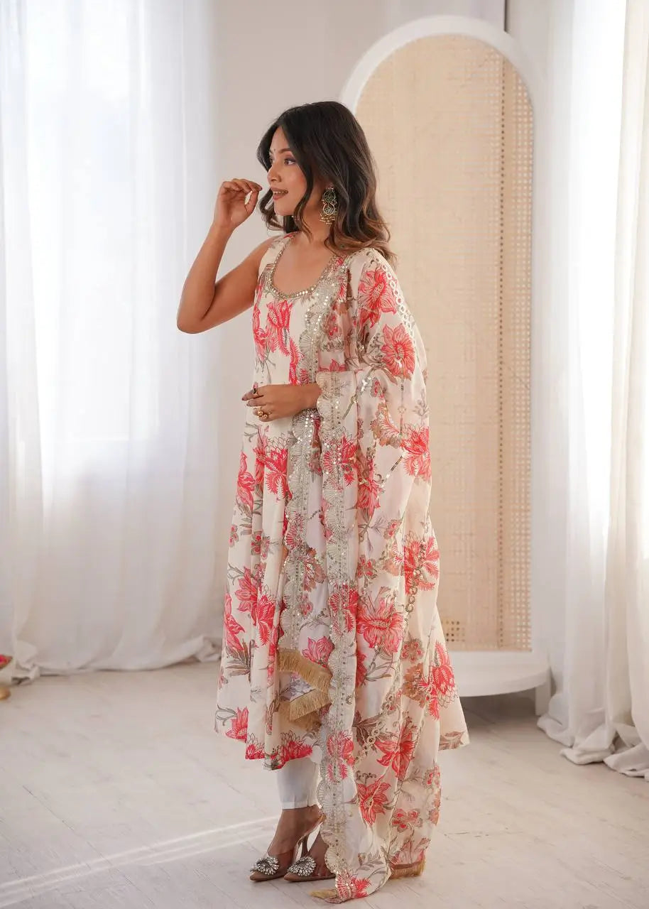 Pure Muslin Floral Print Partywear Gown Set