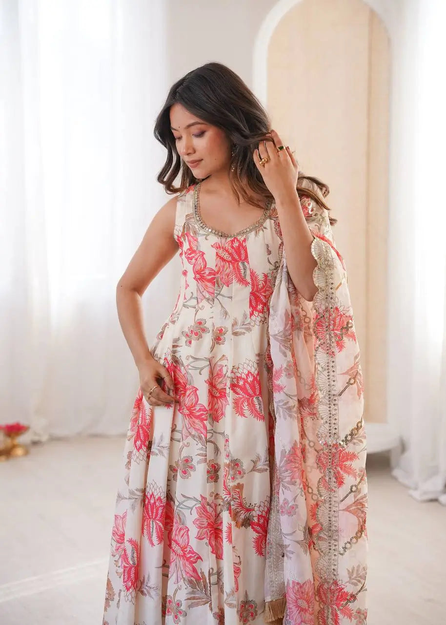 Pure Muslin Floral Print Partywear Gown Set