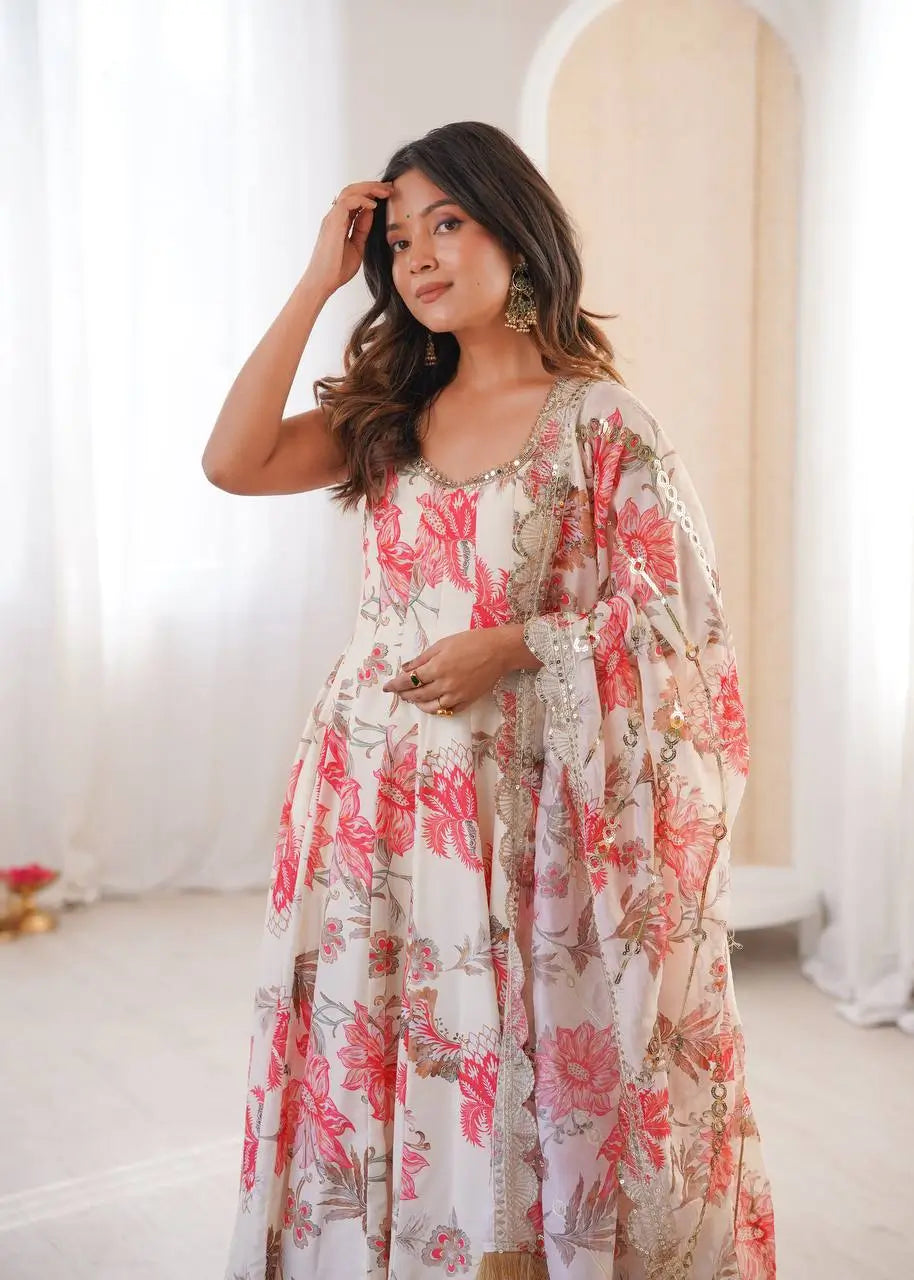 Pure Muslin Floral Print Partywear Gown Set