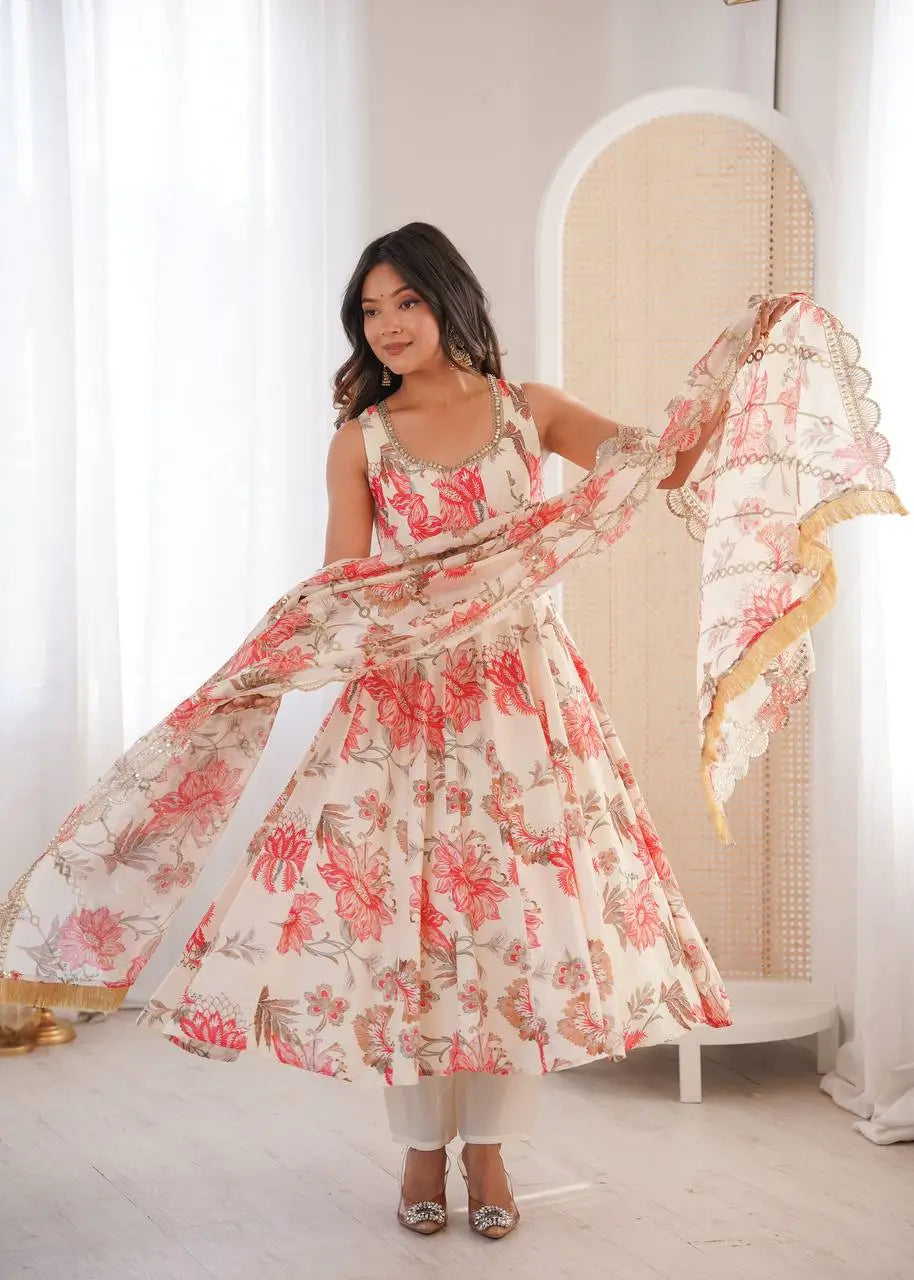 Pure Muslin Floral Print Partywear Gown Set