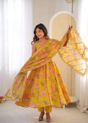 Pure Muslin Floral Print Partywear Gown Set