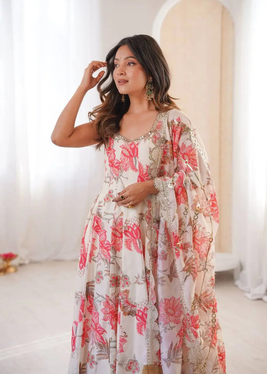 Pure Muslin Floral Print Partywear Gown Set