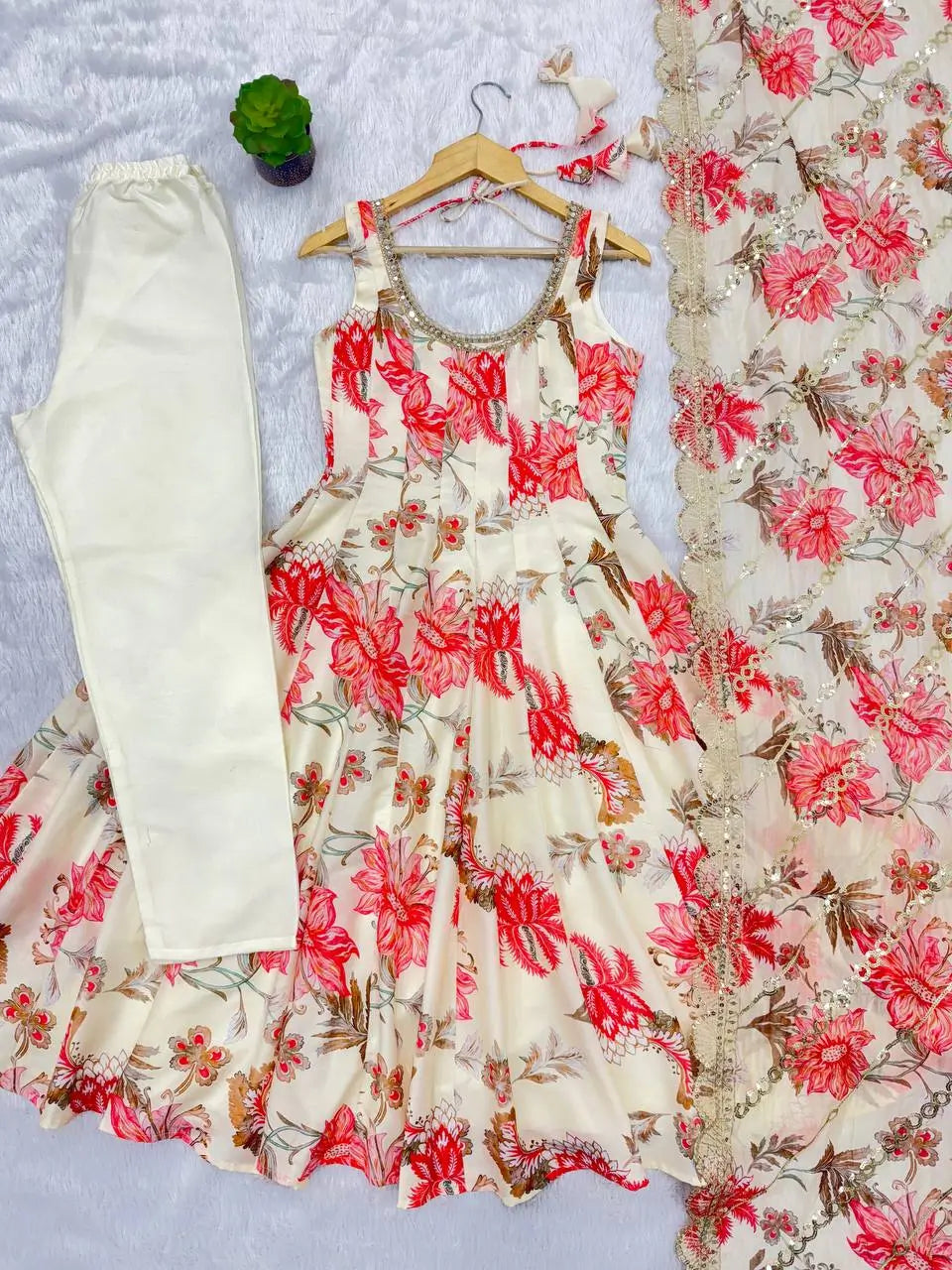 Pure Muslin Floral Print Partywear Gown Set