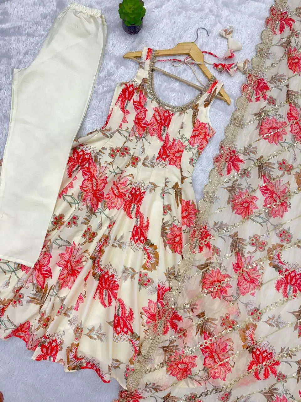 Pure Muslin Floral Print Partywear Gown Set