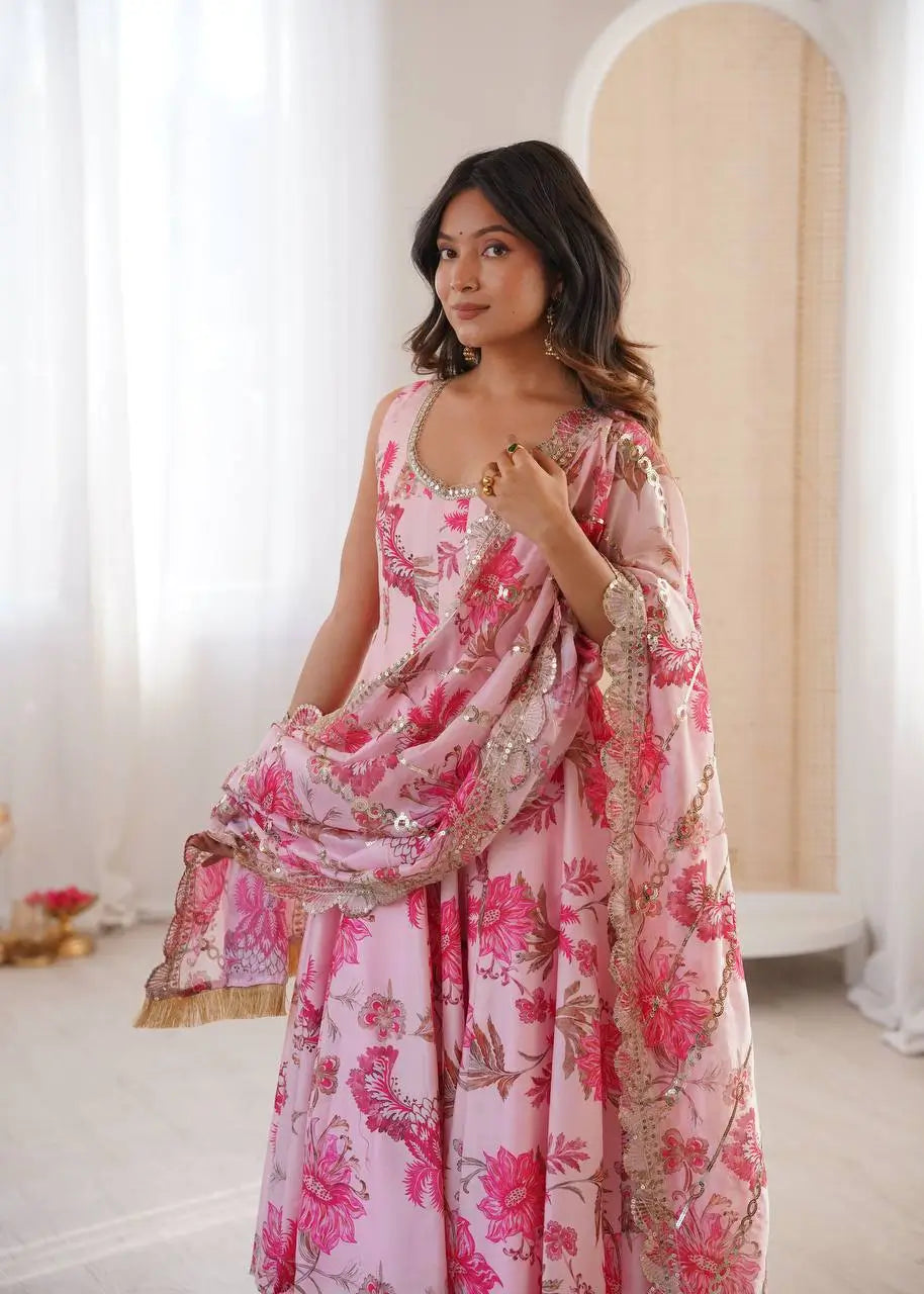 Pure Muslin Floral Print Partywear Gown Set