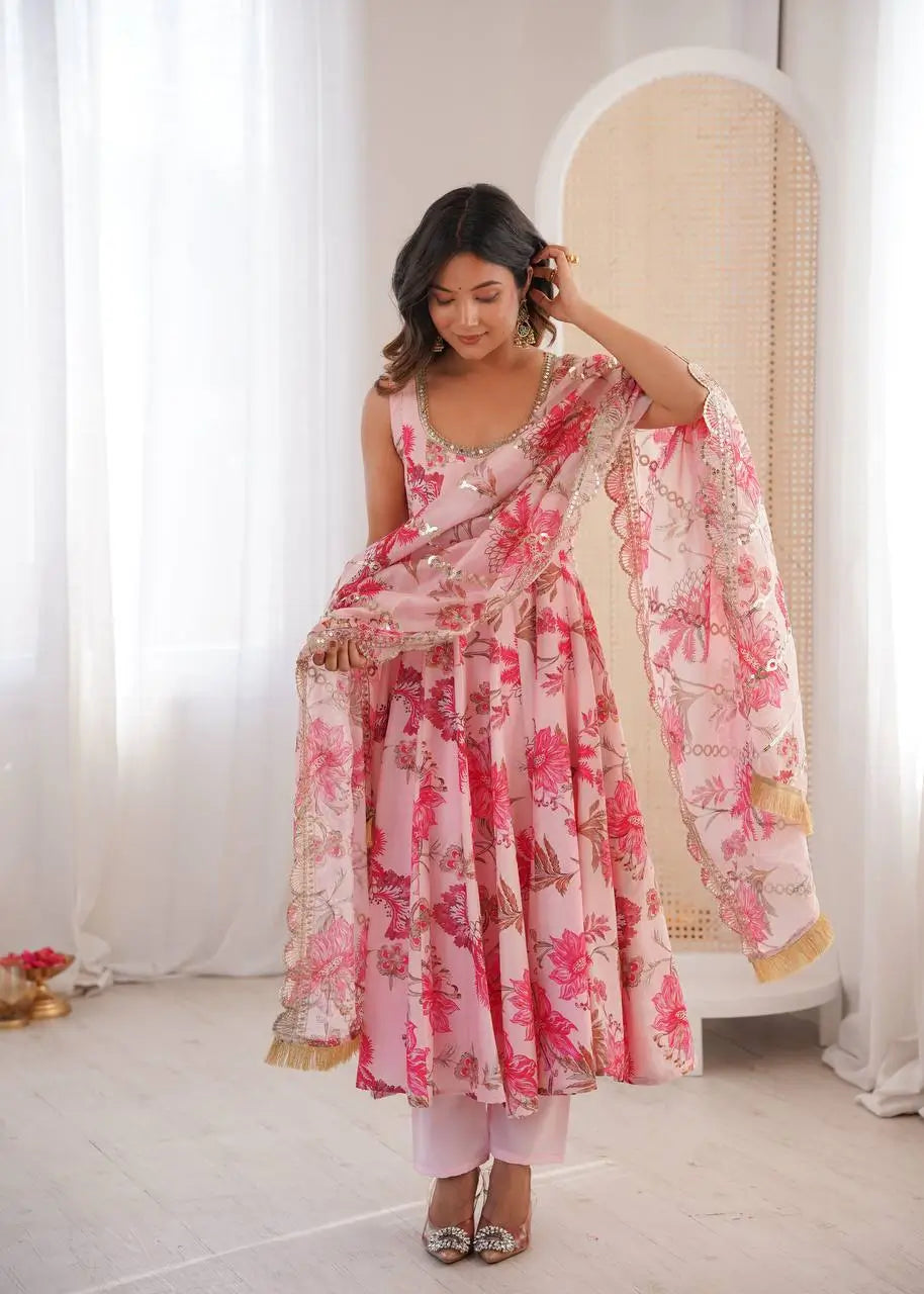 Pure Muslin Floral Print Partywear Gown Set
