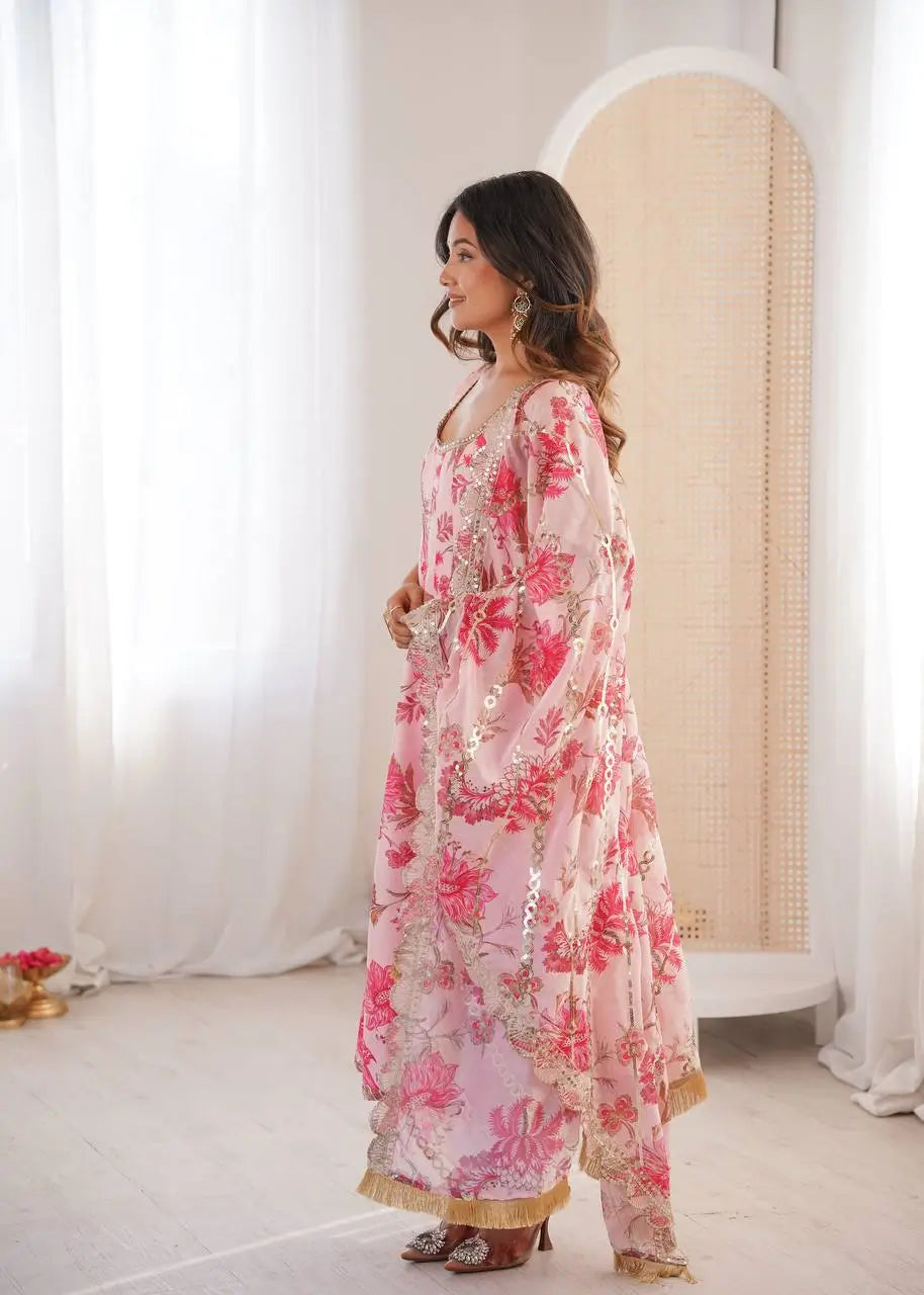 Pure Muslin Floral Print Partywear Gown Set