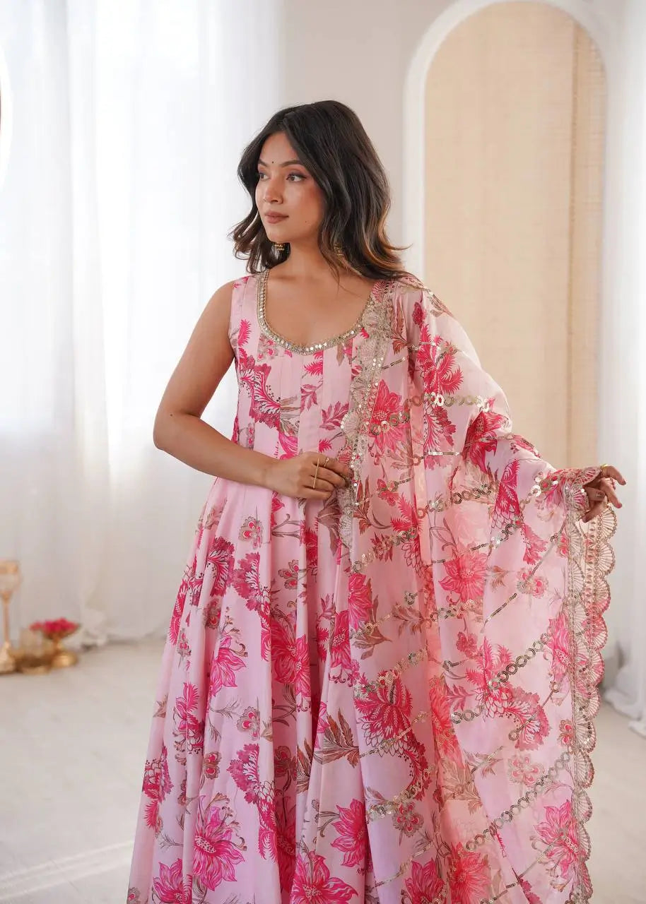 Pure Muslin Floral Print Partywear Gown Set