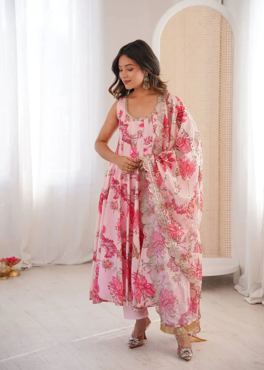 Pure Muslin Floral Print Partywear Gown Set