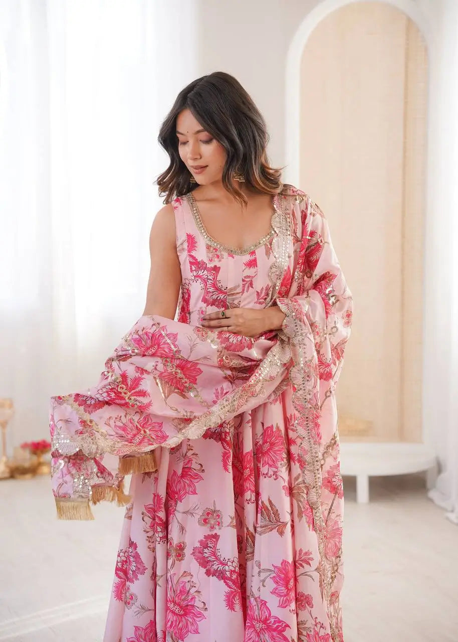 Pure Muslin Floral Print Partywear Gown Set