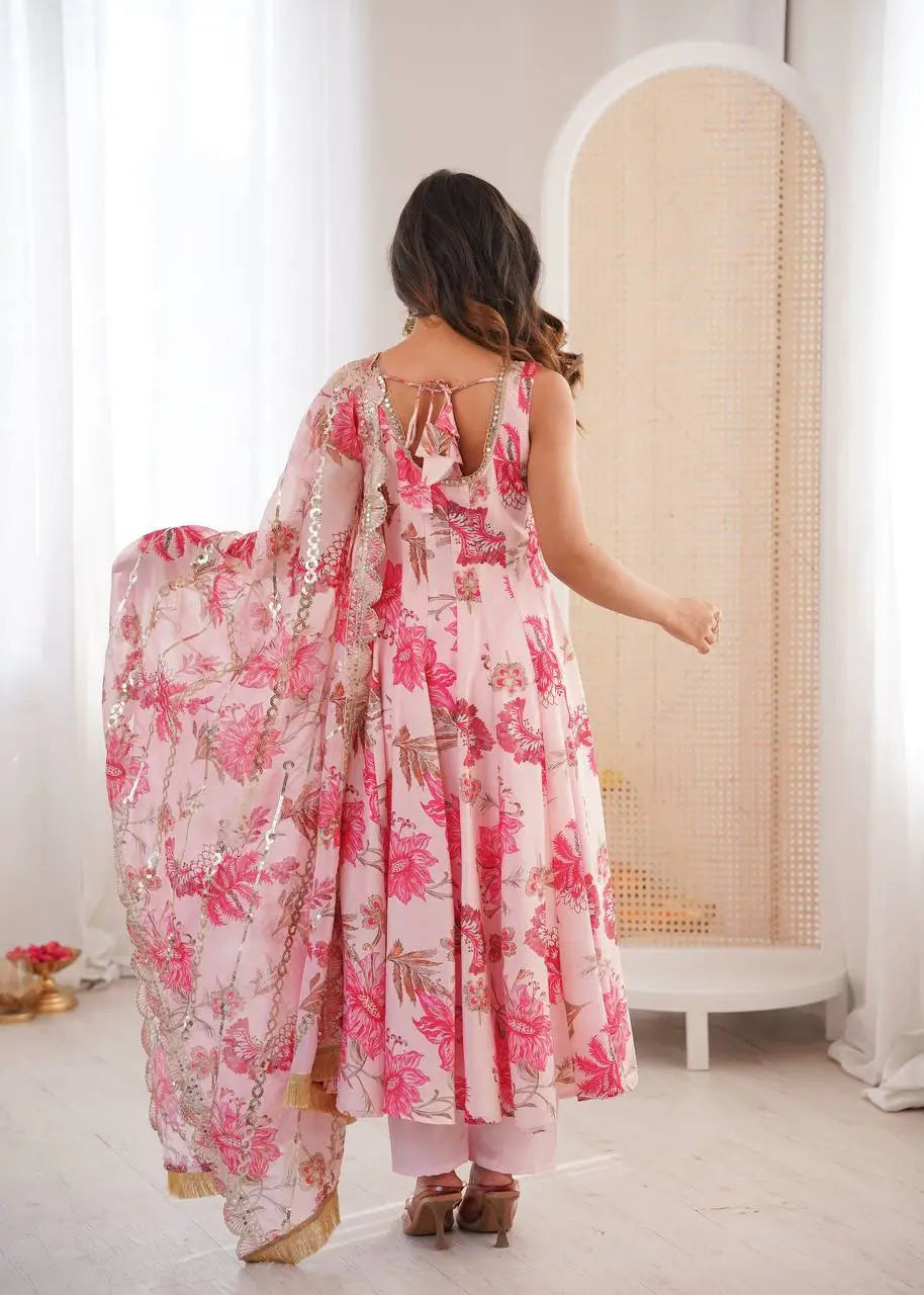 Pure Muslin Floral Print Partywear Gown Set