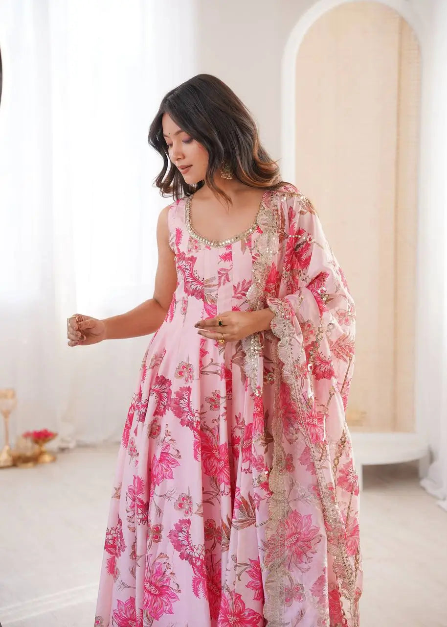 Pure Muslin Floral Print Partywear Gown Set