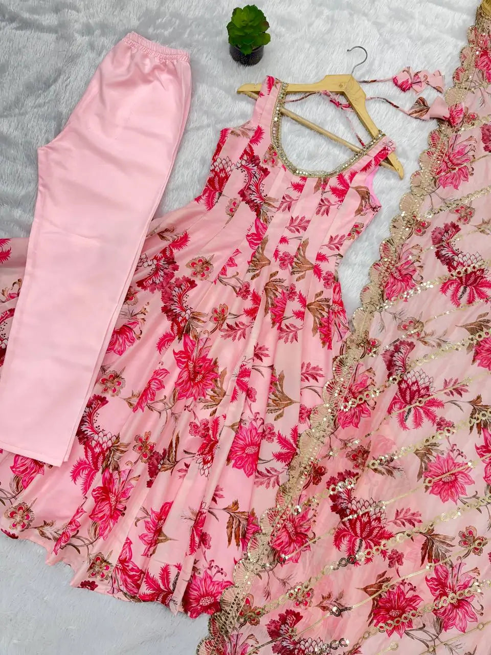 Pure Muslin Floral Print Partywear Gown Set