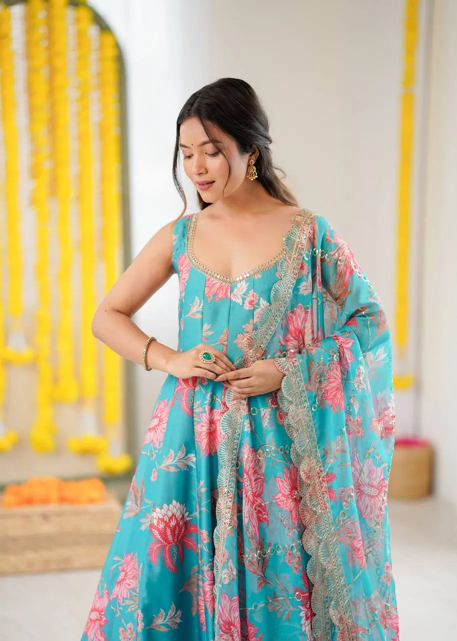 Pure Muslin Floral Print Partywear Gown Set