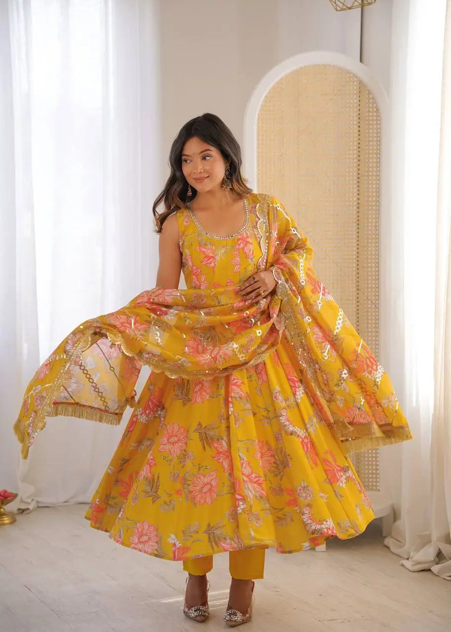 Pure Muslin Floral Print Partywear Gown Set