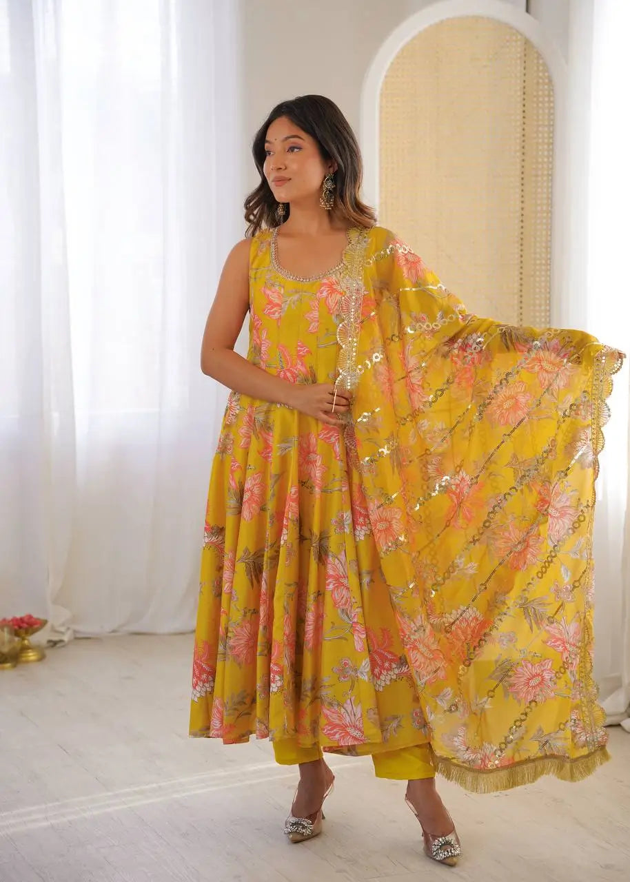 Pure Muslin Floral Print Partywear Gown Set
