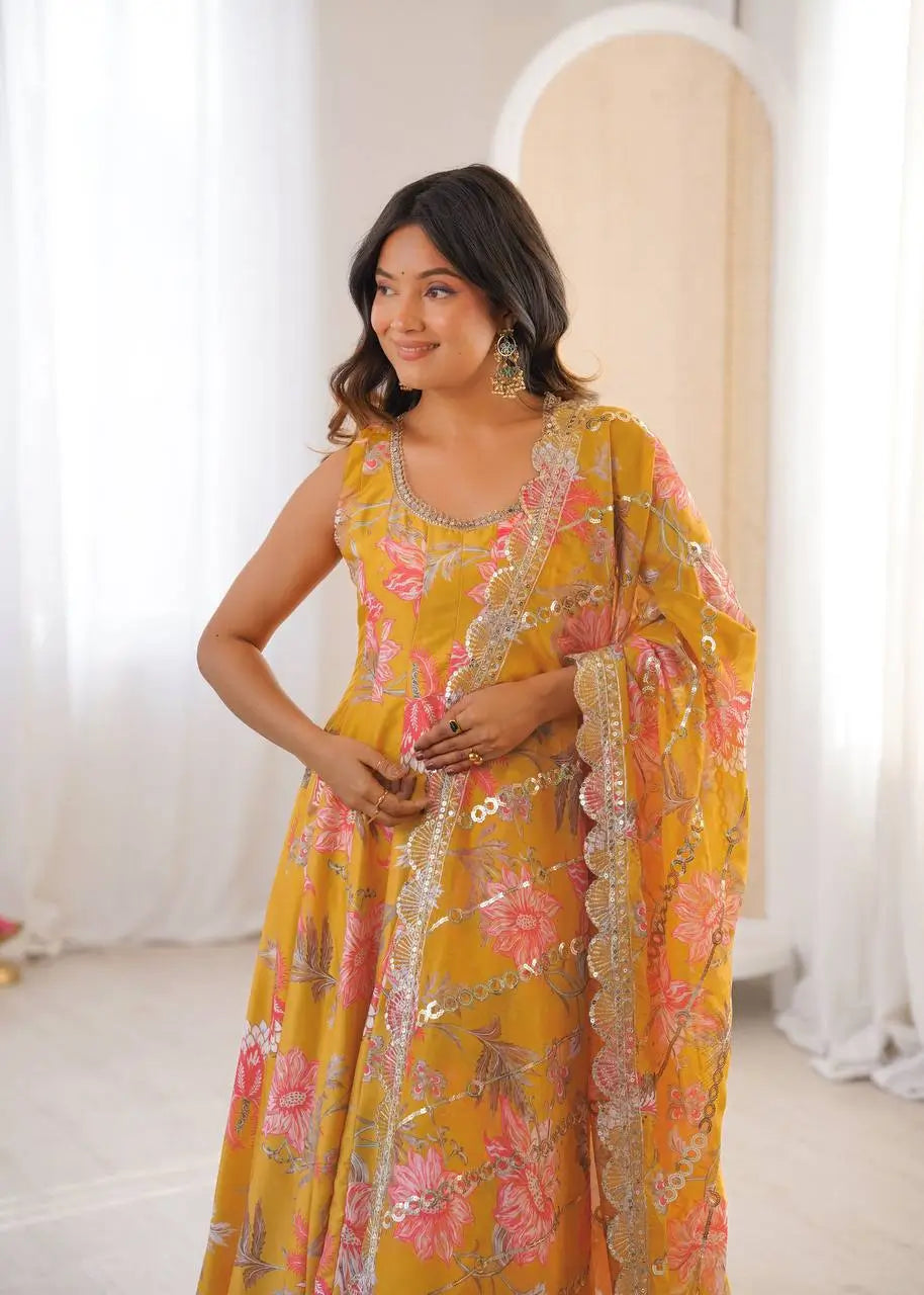 Pure Muslin Floral Print Partywear Gown Set