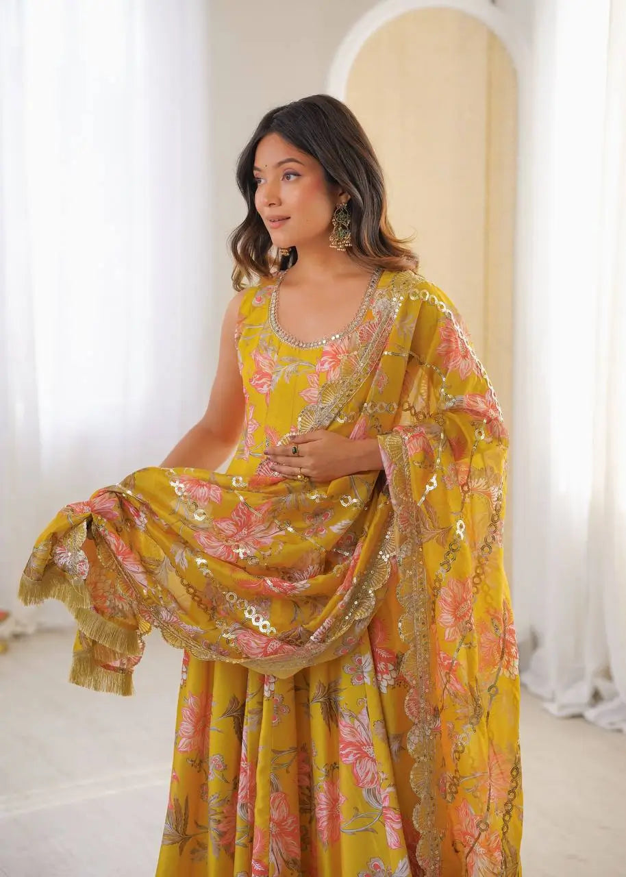 Pure Muslin Floral Print Partywear Gown Set