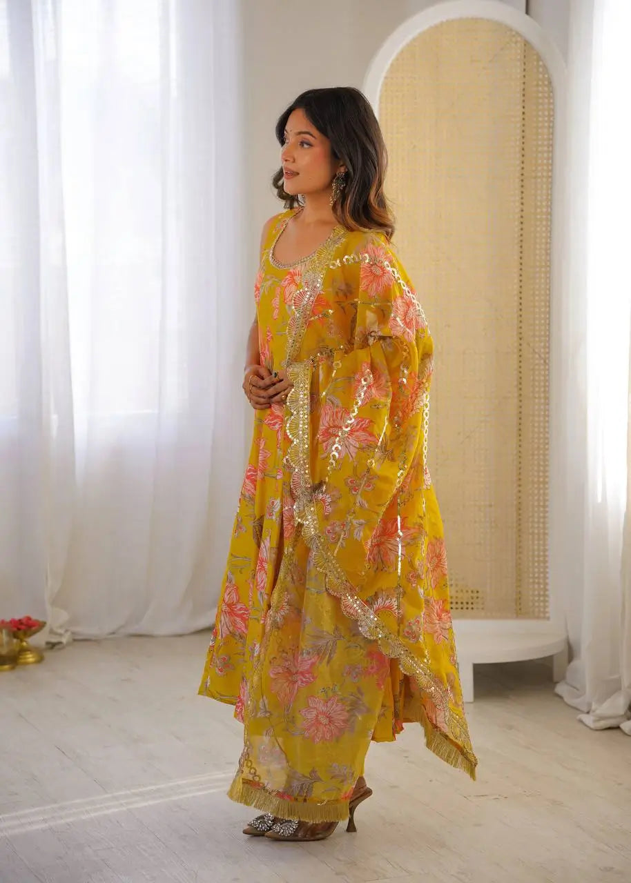 Pure Muslin Floral Print Partywear Gown Set