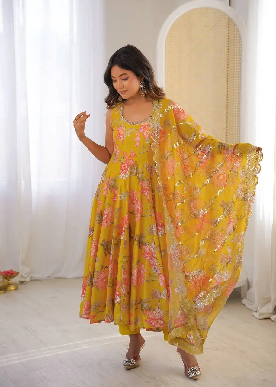 Pure Muslin Floral Print Partywear Gown Set