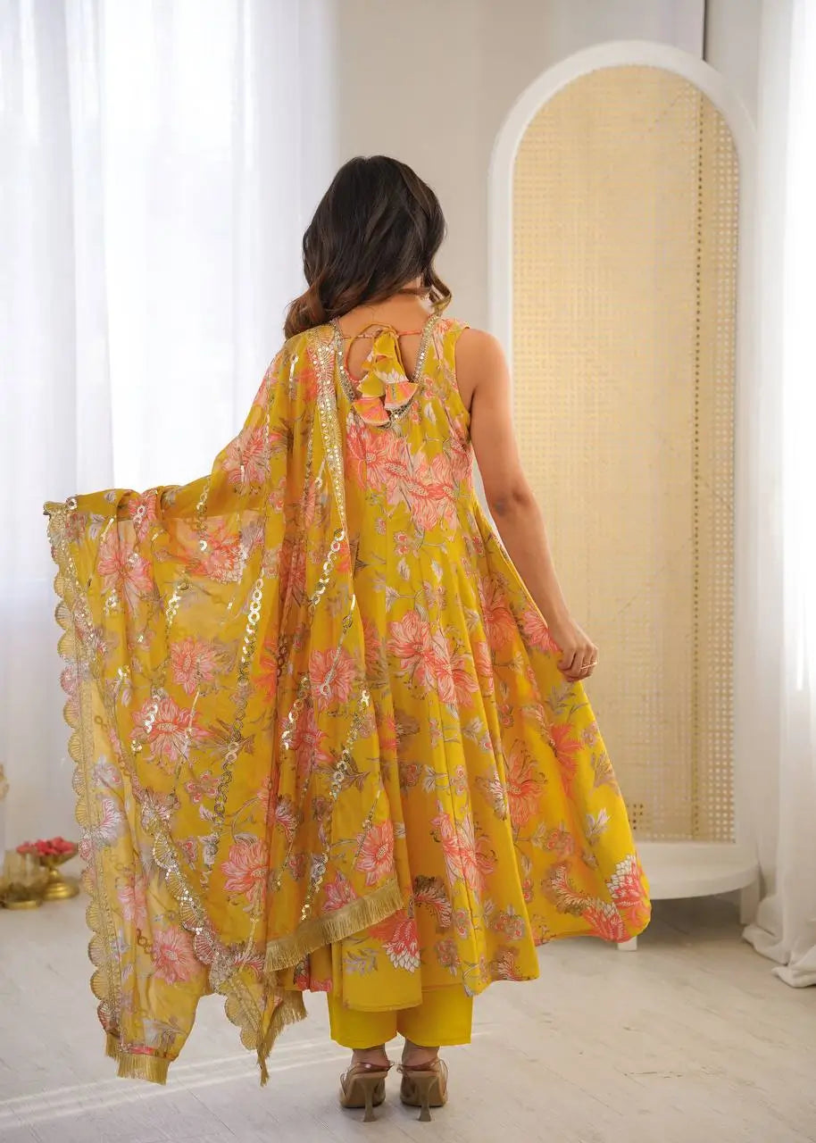 Pure Muslin Floral Print Partywear Gown Set