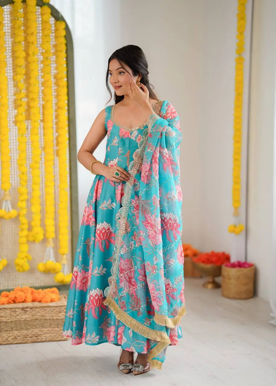 Pure Muslin Floral Print Partywear Gown Set
