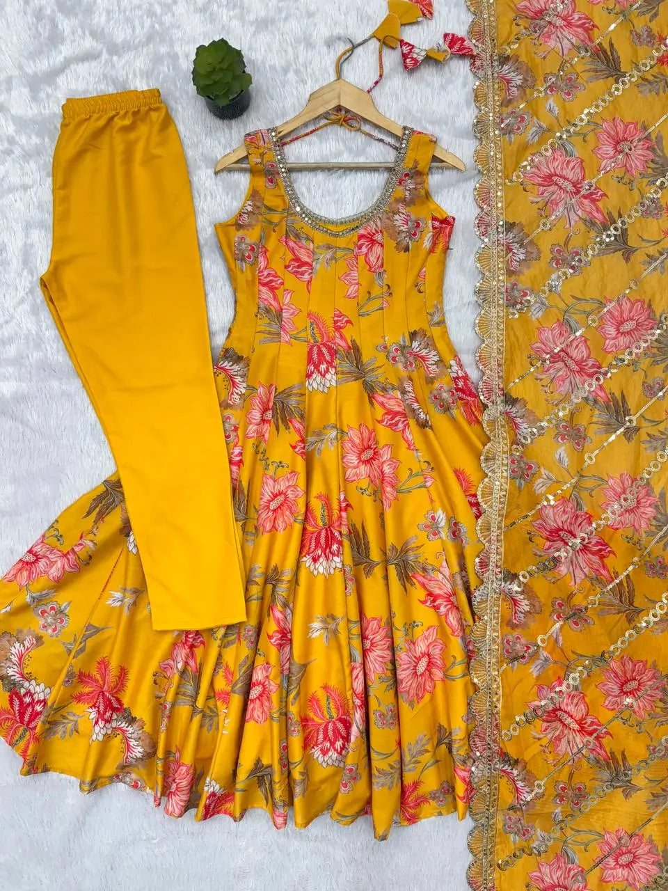 Pure Muslin Floral Print Partywear Gown Set