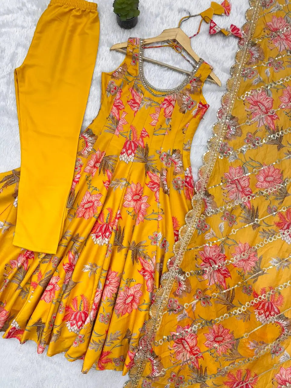 Pure Muslin Floral Print Partywear Gown Set