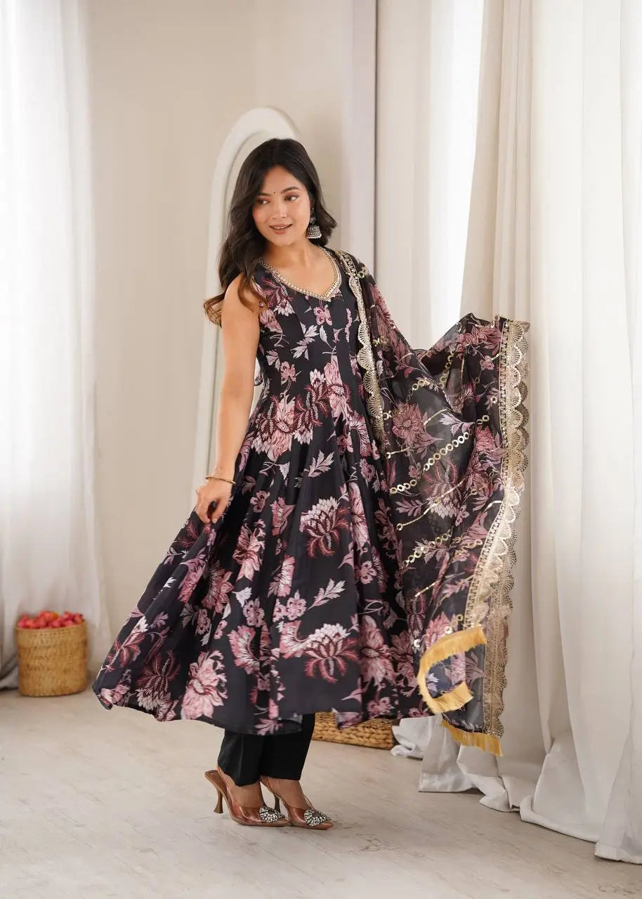 Pure Muslin Floral Print Partywear Gown Set