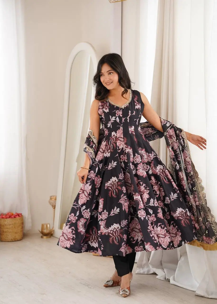 Pure Muslin Floral Print Partywear Gown Set