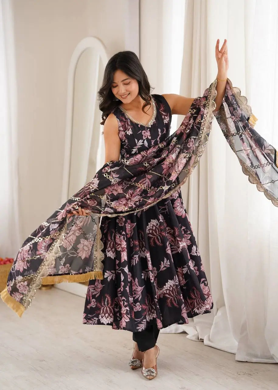 Pure Muslin Floral Print Partywear Gown Set