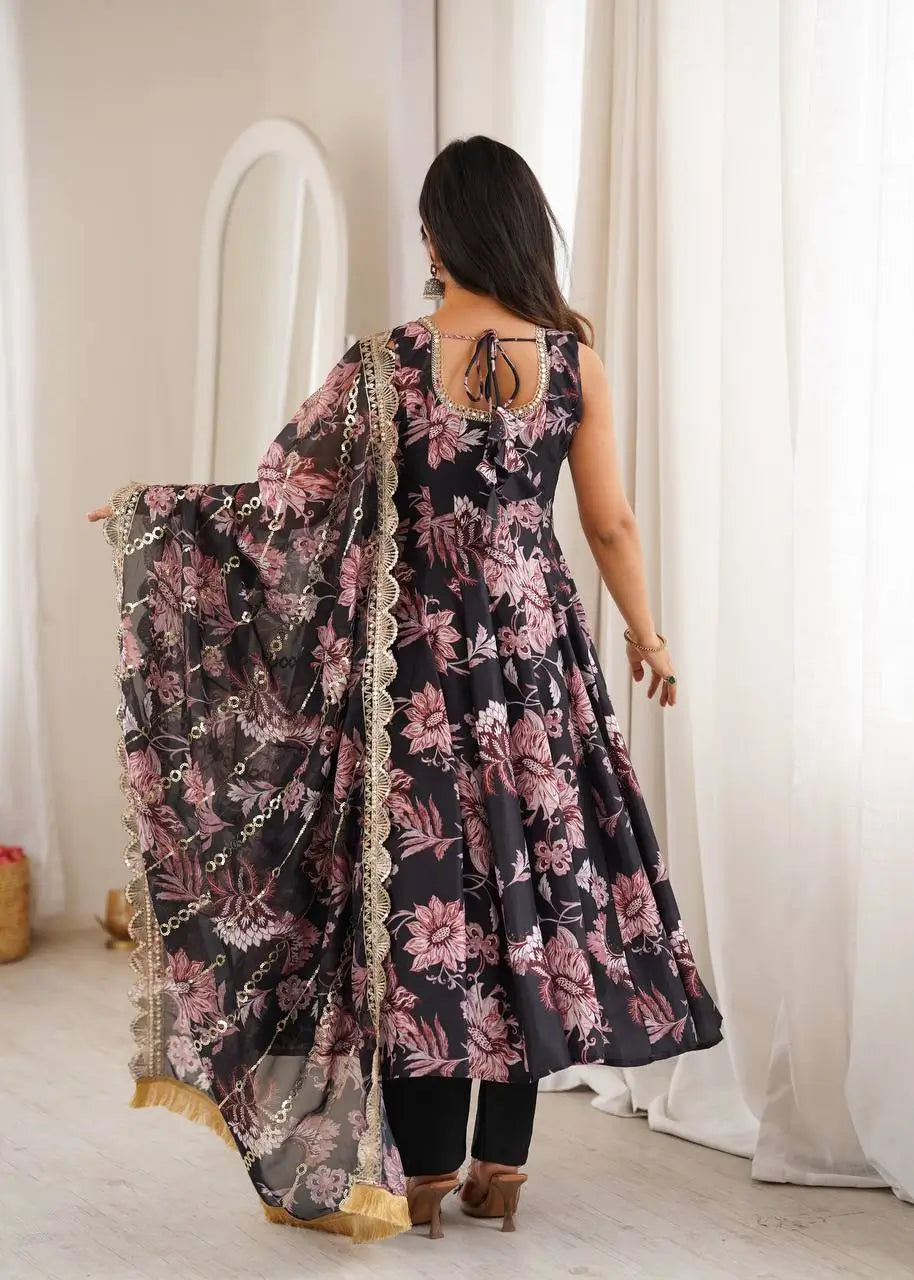 Pure Muslin Floral Print Partywear Gown Set