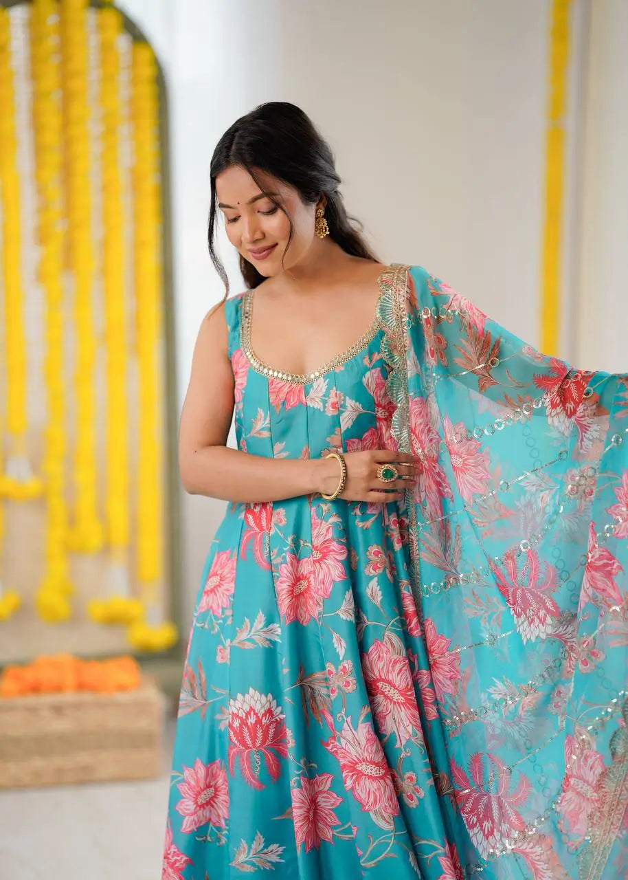 Pure Muslin Floral Print Partywear Gown Set