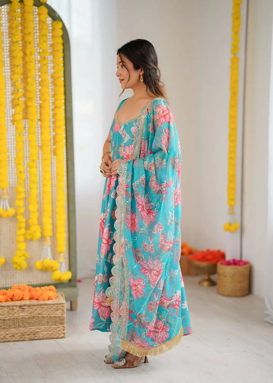 Pure Muslin Floral Print Partywear Gown Set