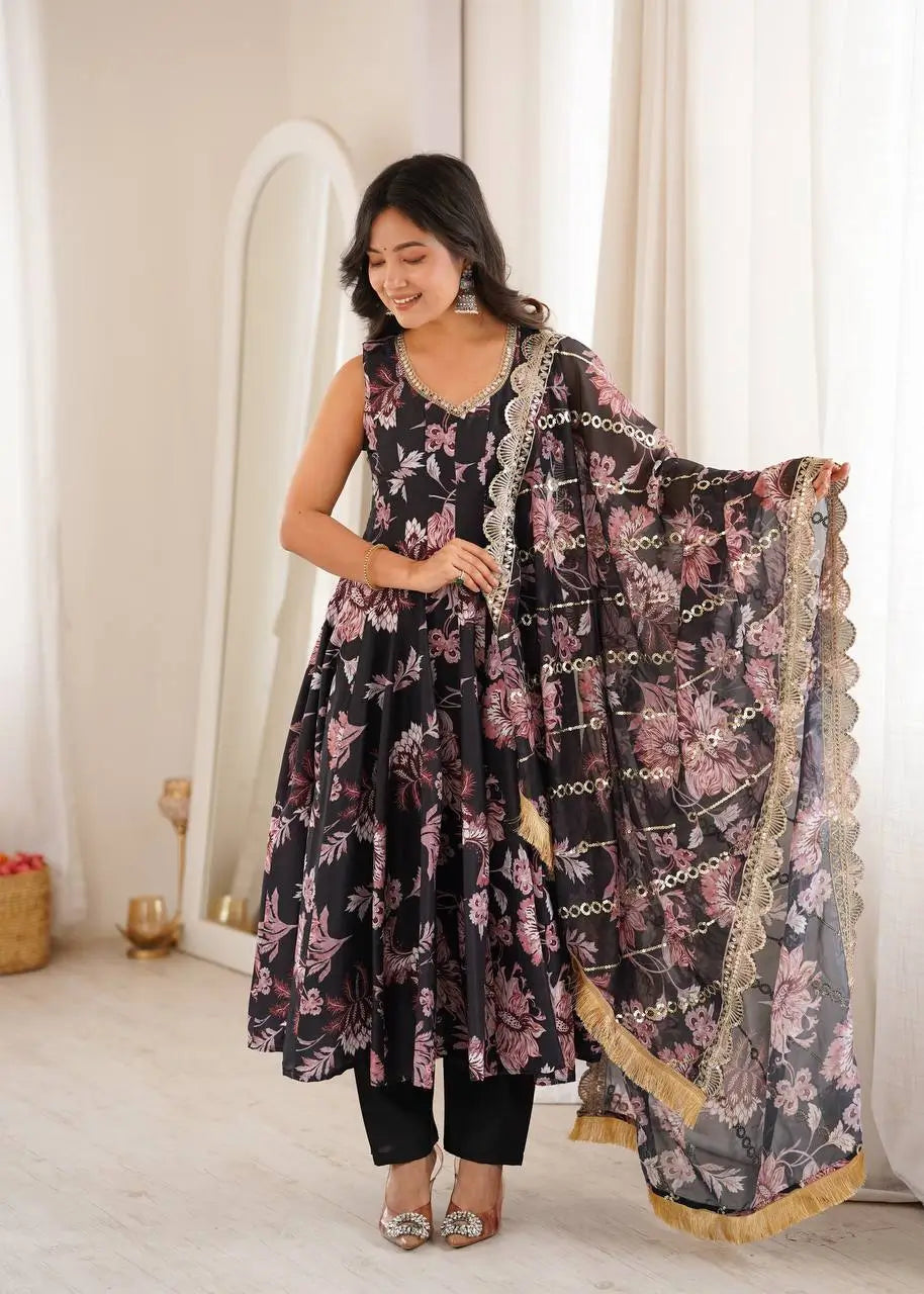 Pure Muslin Floral Print Partywear Gown Set