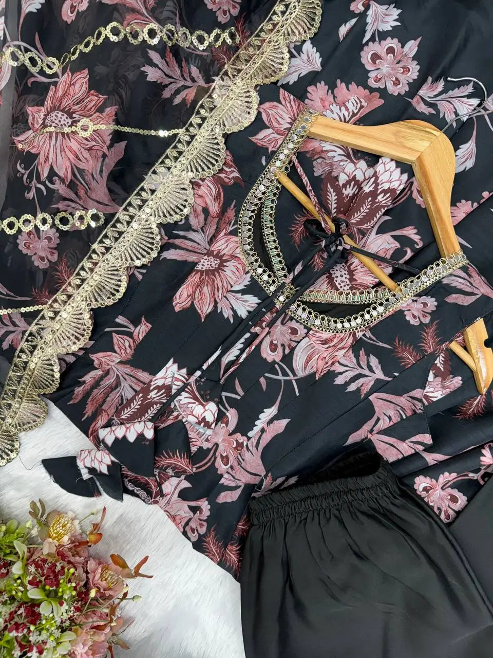Pure Muslin Floral Print Partywear Gown Set