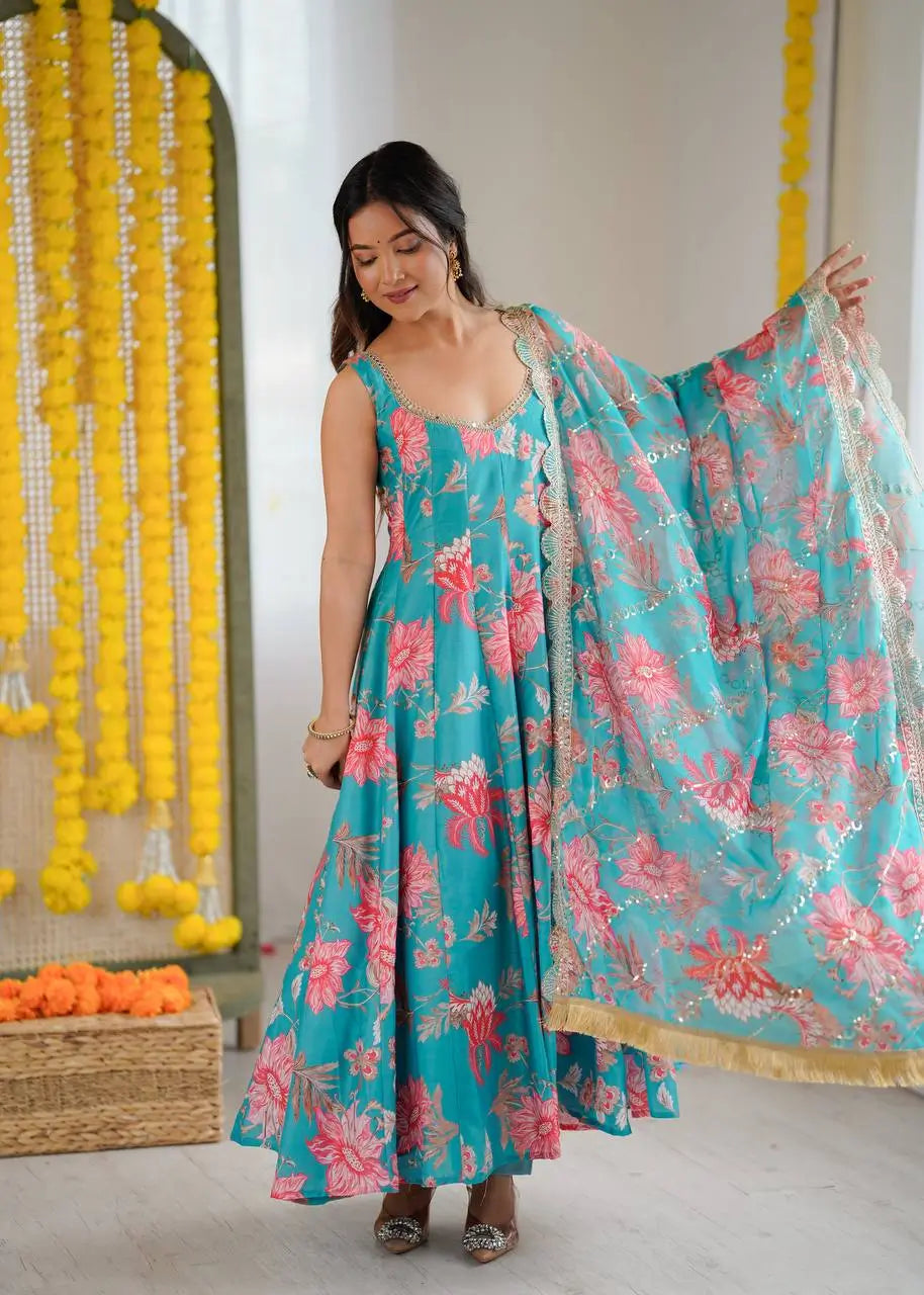 Pure Muslin Floral Print Partywear Gown Set