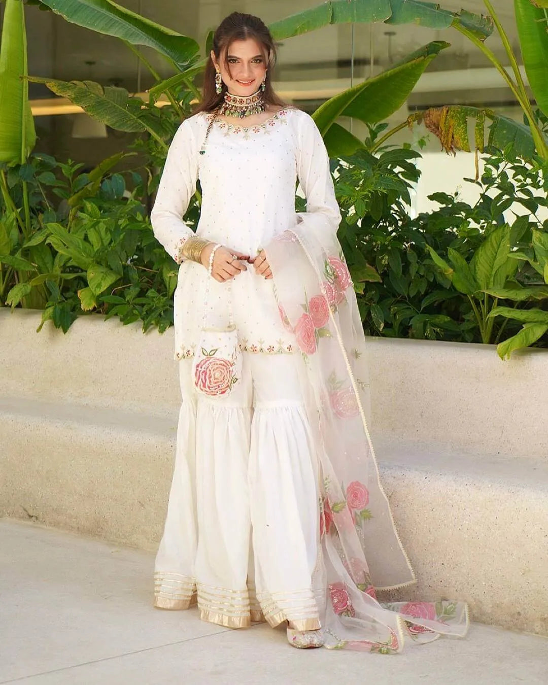Pure Natural Crepe Embroidered Sharara Suit with Digital Print Dupatta – Festive & Party Wear