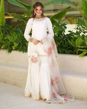 Pure Natural Crepe Embroidered Sharara Suit with Digital Print Dupatta – Festive & Party Wear