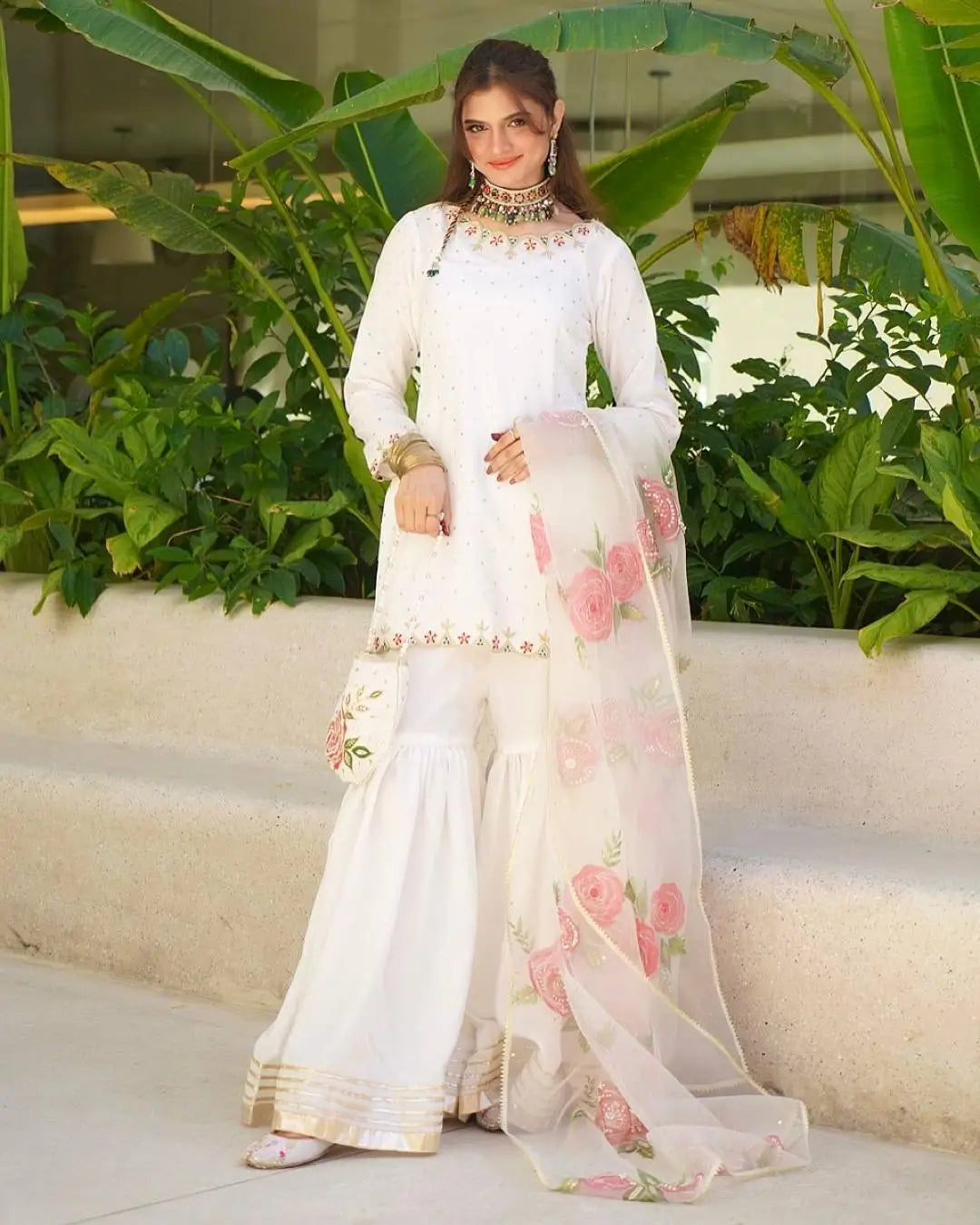 Pure Natural Crepe Embroidered Sharara Suit with Digital Print Dupatta – Festive & Party Wear