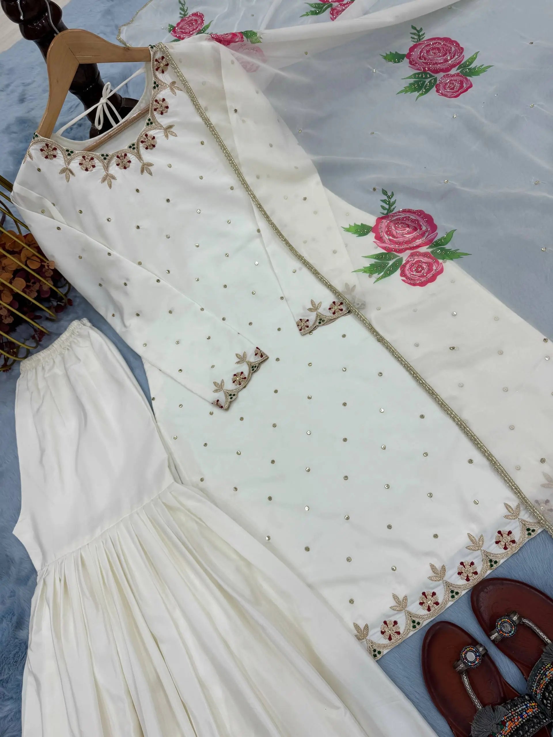 Pure Natural Crepe Embroidered Sharara Suit with Digital Print Dupatta – Festive & Party Wear