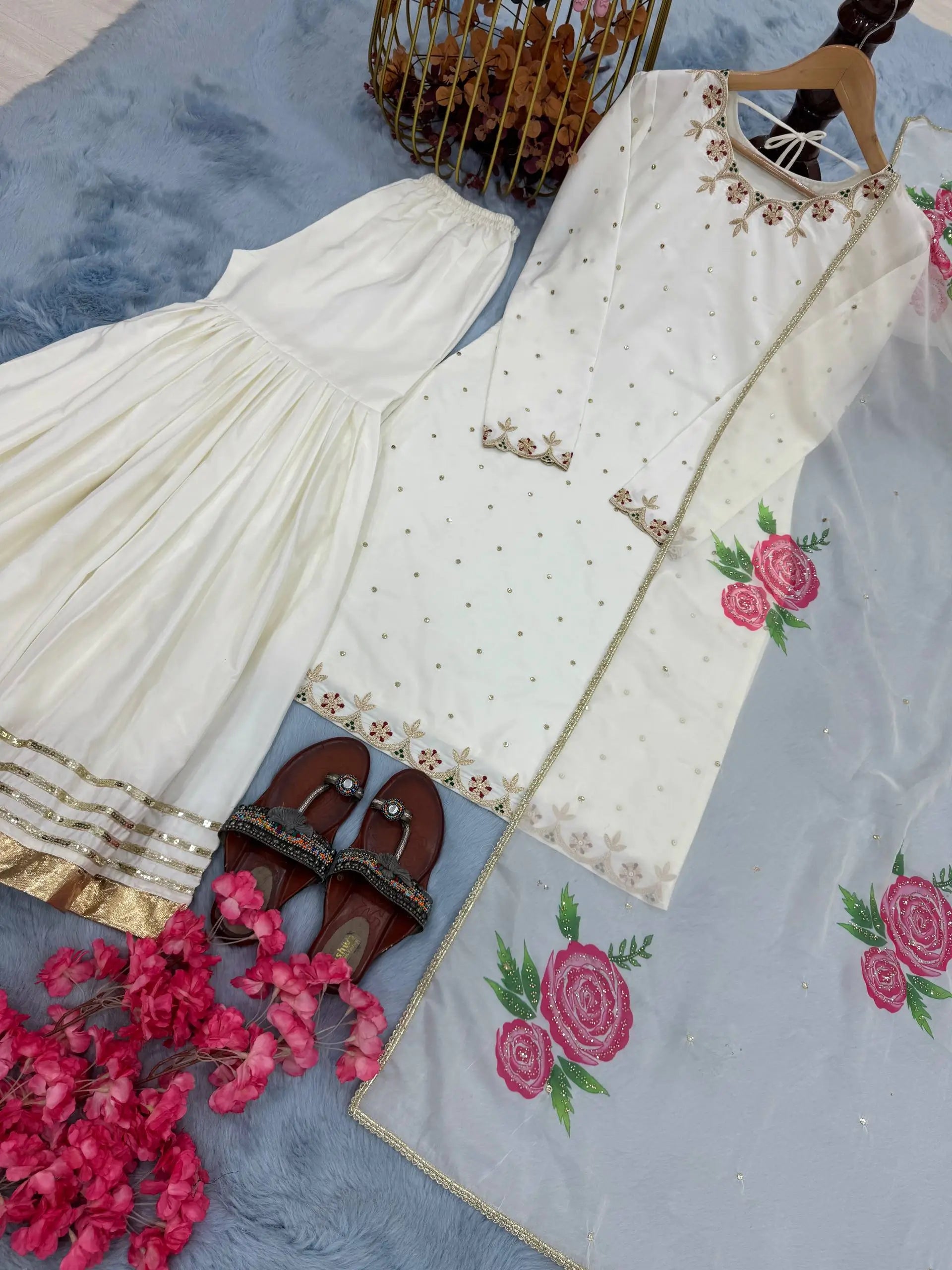 Pure Natural Crepe Embroidered Sharara Suit with Digital Print Dupatta – Festive & Party Wear