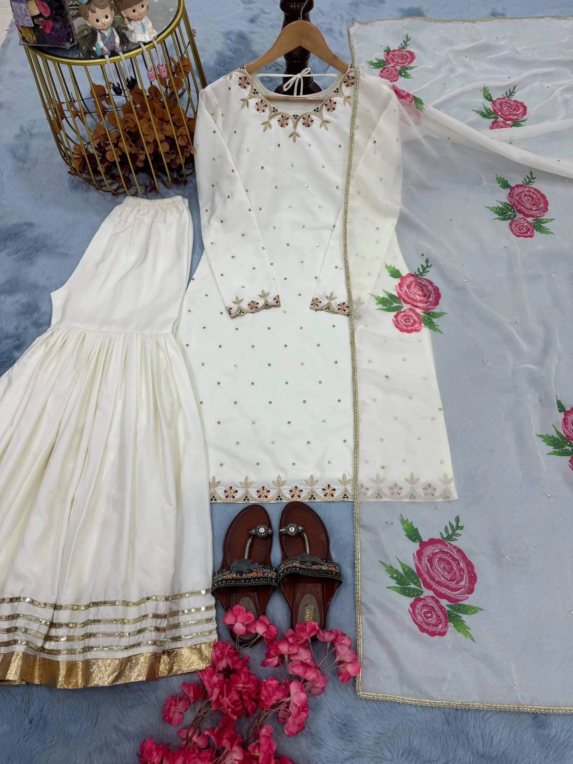 Pure Natural Crepe Embroidered Sharara Suit with Digital Print Dupatta – Festive & Party Wear