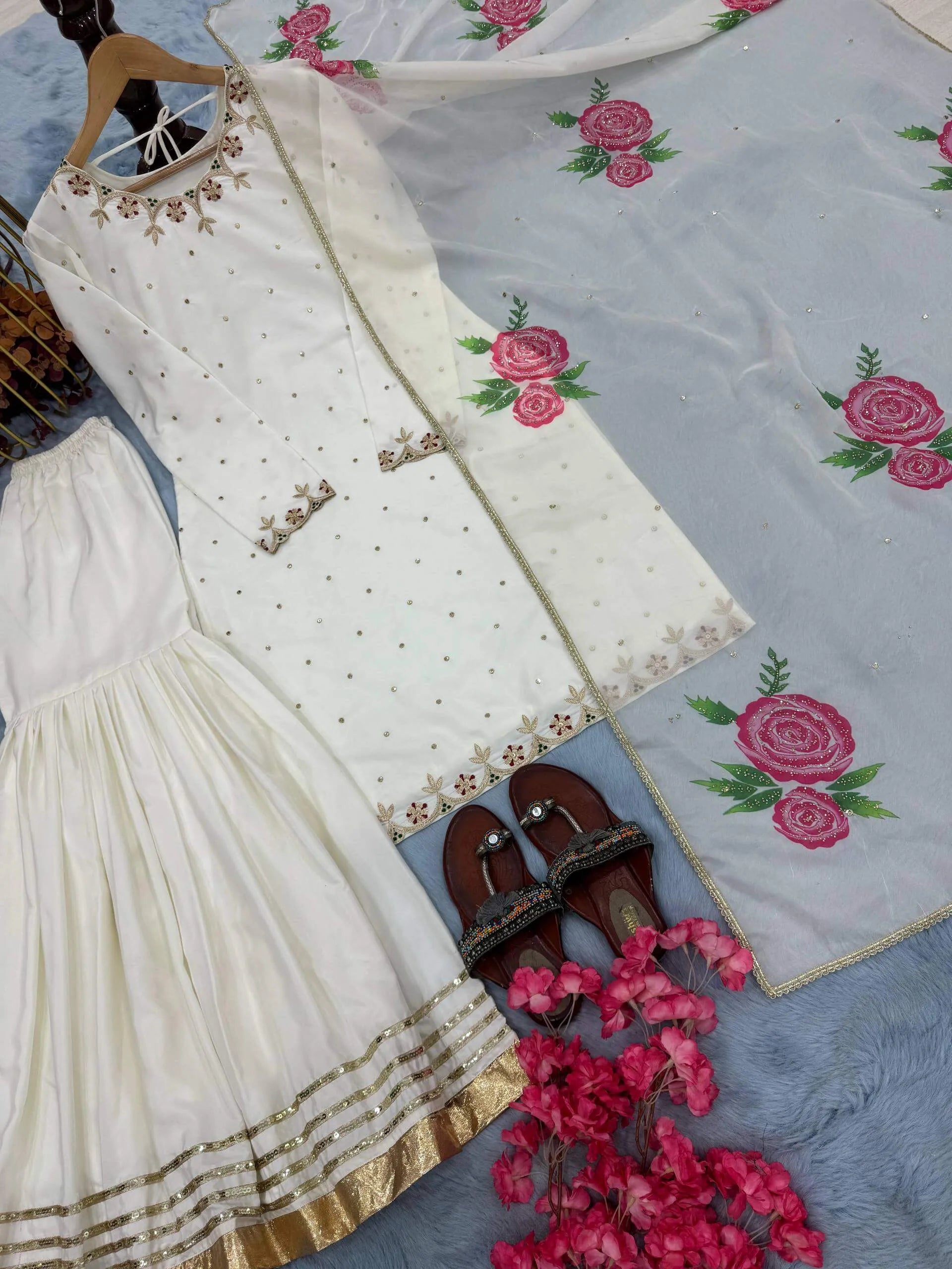 Pure Natural Crepe Embroidered Sharara Suit with Digital Print Dupatta – Festive & Party Wear