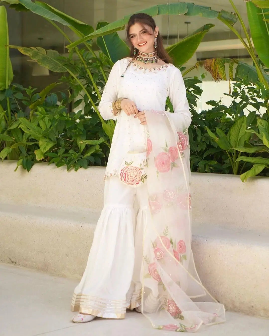 Pure Natural Crepe Embroidered Sharara Suit with Digital Print Dupatta – Festive & Party Wear