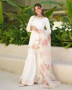 Pure Natural Crepe Embroidered Sharara Suit with Digital Print Dupatta – Festive & Party Wear
