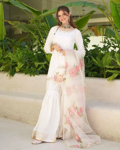 Pure Natural Crepe Embroidered Sharara Suit with Digital Print Dupatta – Festive & Party Wear