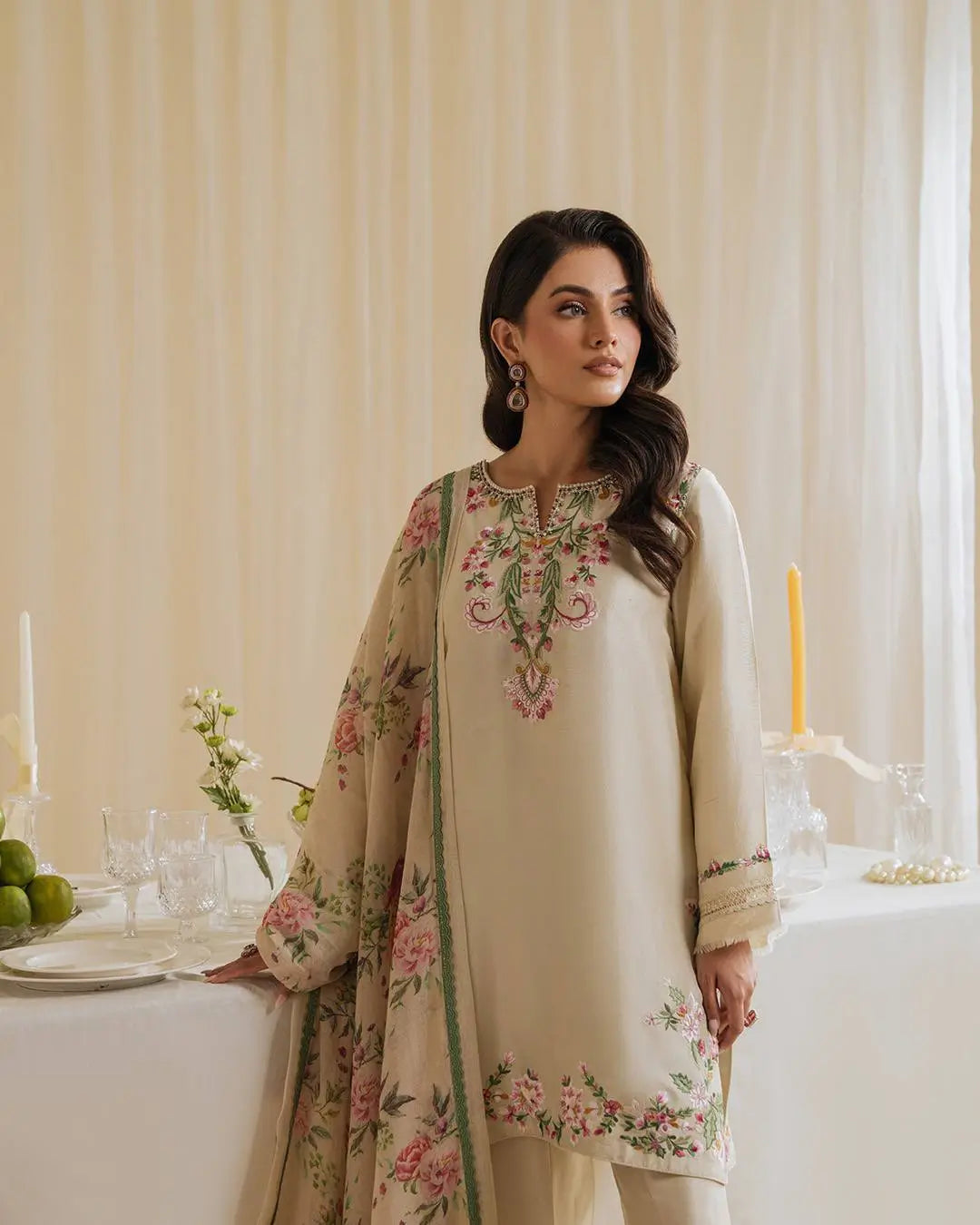 Pure Natural Crepe Embroidered Suit Set with Farshi Plazzo & Digital Print Dupatta – Festive & Party Wear